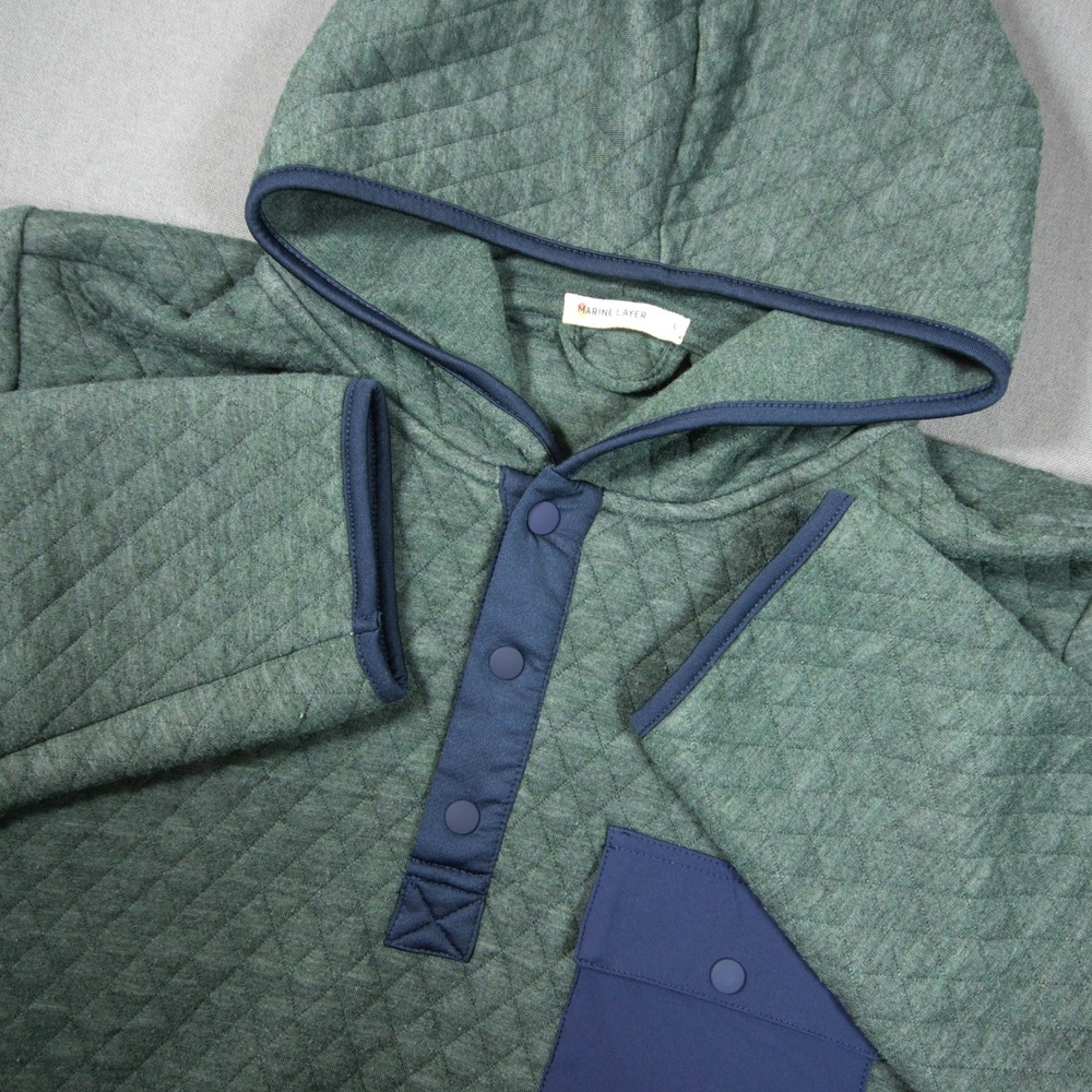 Marine Layer Quilted Snap Henley Men Hoodie L Coastral Utility Cabin Pocket